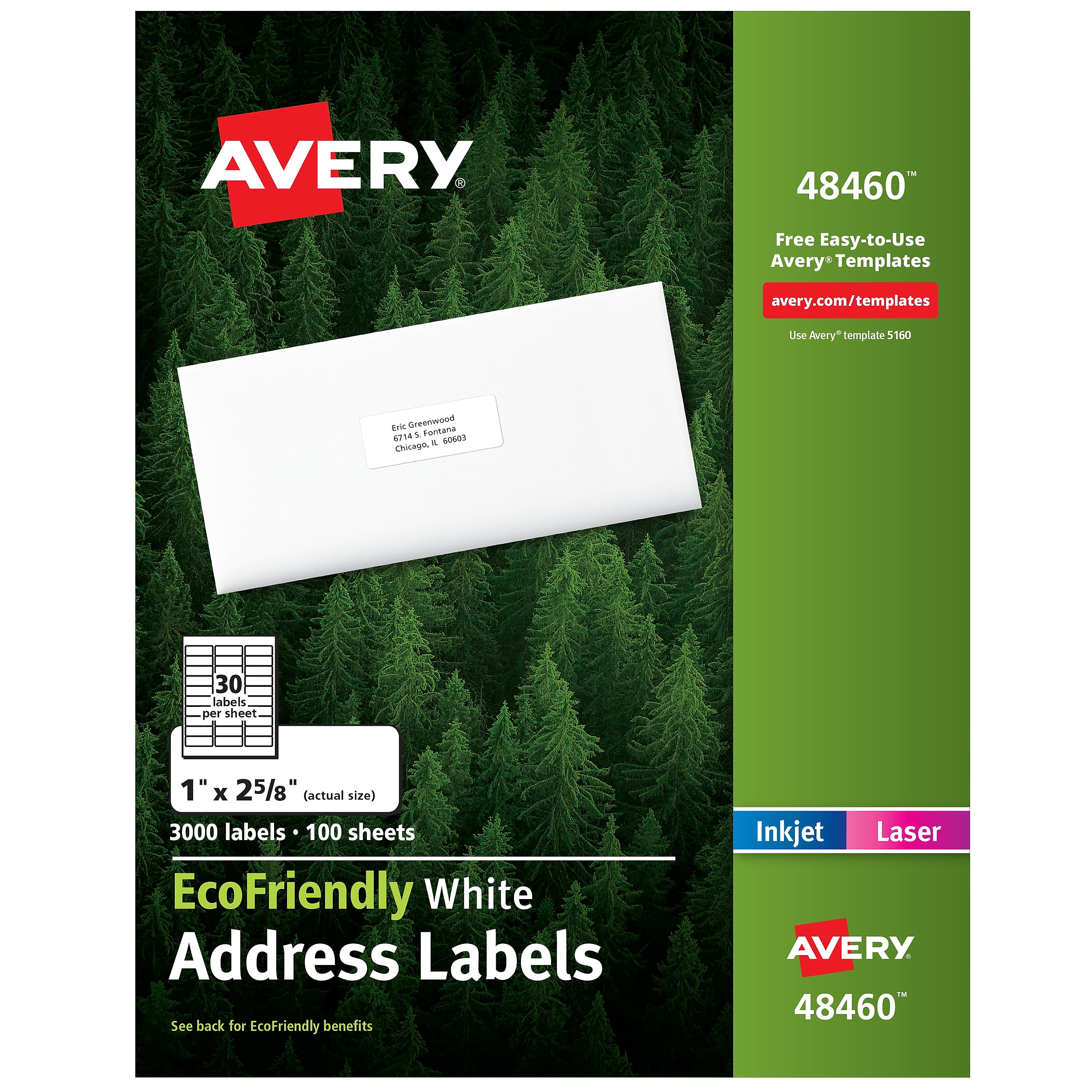 Avery EcoFriendly Laser/Inkjet Address Labels, 1" x 2-5/8", White, 30 Labels/Sheet, 100 Sheets/Box