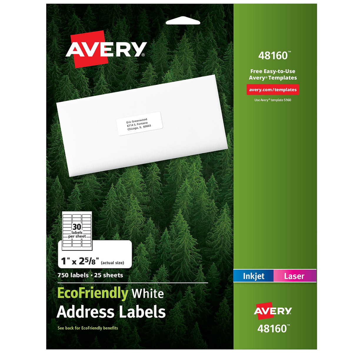 Avery EcoFriendly Laser/Inkjet Address Labels, 1" x 2-5/8", White, 30 Labels/Sheet, 25 Sheets/Pack