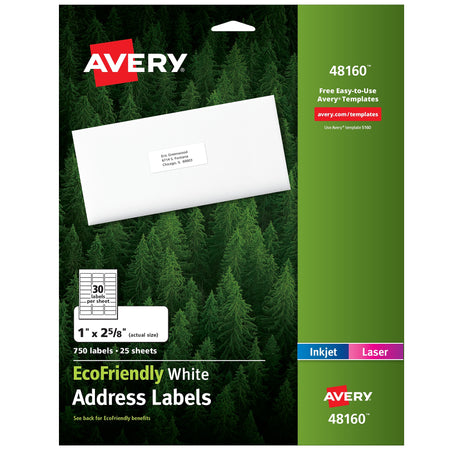 Avery EcoFriendly Laser/Inkjet Address Labels, 1" x 2-5/8", White, 30 Labels/Sheet, 25 Sheets/Pack