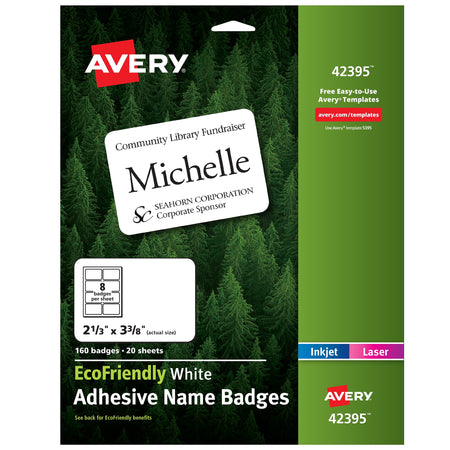 Avery EcoFriendly Laser/Inkjet Adhesive Name Badge Labels, 2 1/3" x 3 3/8", White, 160 Labels Per Box