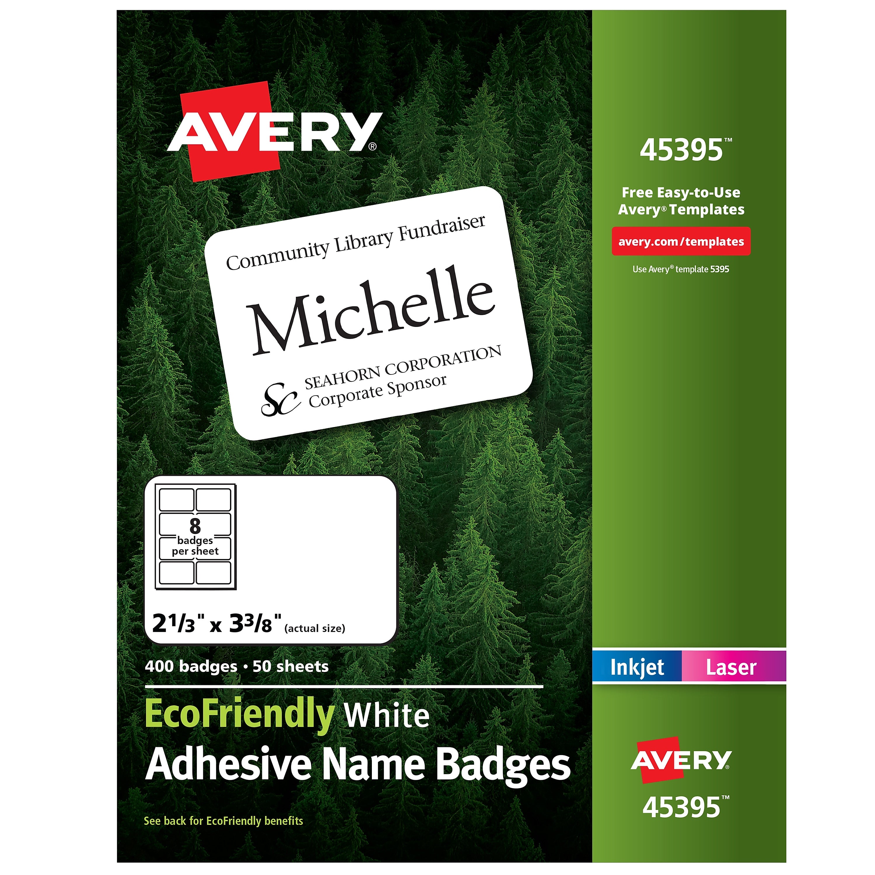 Avery EcoFriendly Laser/Inkjet Adhesive Name Badge Labels, 2 1/3" x 3 3/8", White, 400 Labels Per Box