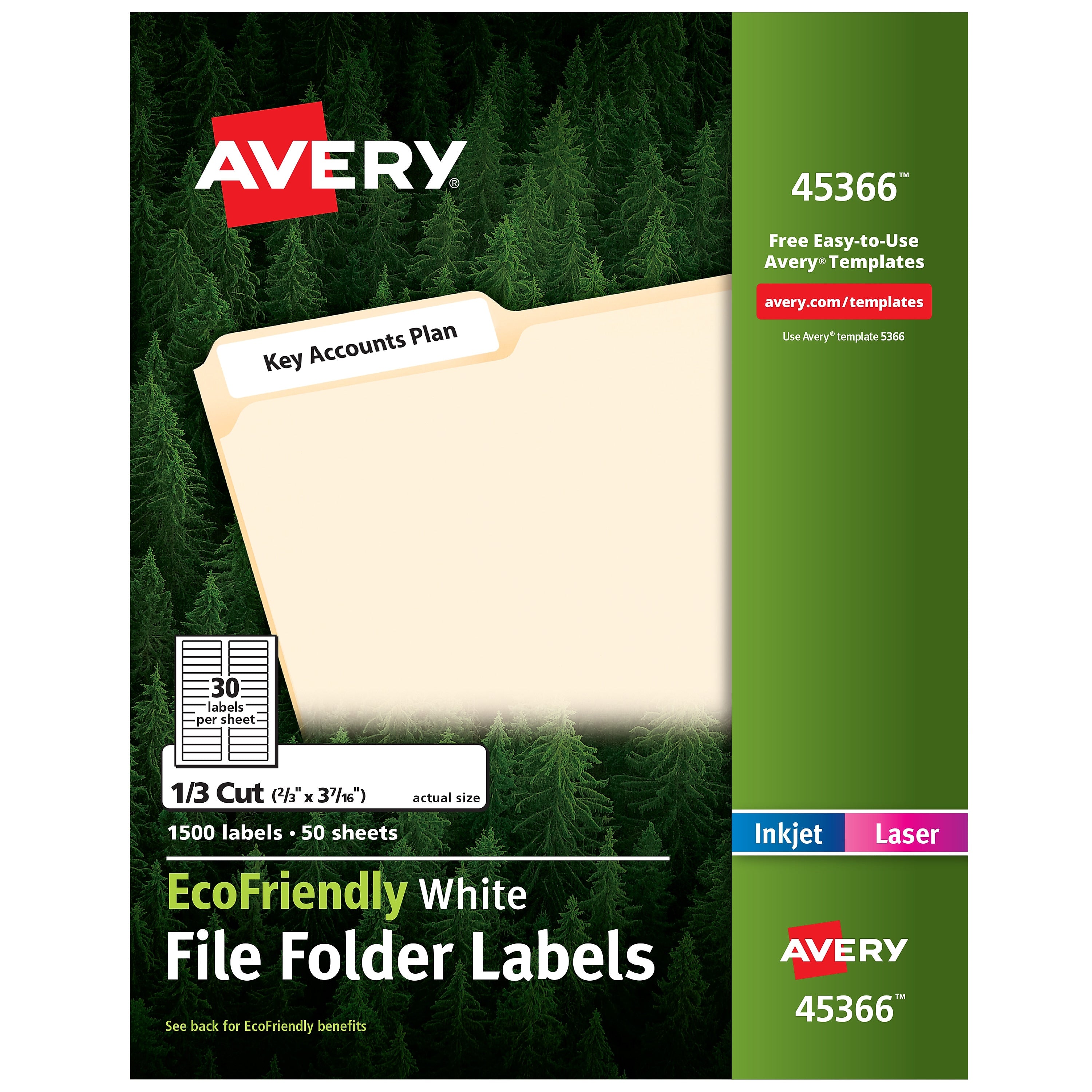 Avery EcoFriendly Laser/Inkjet File Folder Labels, 2/3" x 3 7/16", White, 30 Labels/Sheet, 50 Sheets/Box