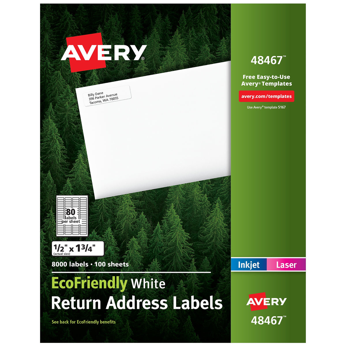 Avery EcoFriendly Laser/Inkjet Return Address Labels, 1/2" x 1-3/4", 80 Labels/Sheet, 100 Sheets/Pack