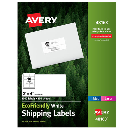 Avery EcoFriendly Laser/Inkjet Shipping Labels, 2" x 4", White, 10 Labels/Sheet, 100 Sheets/Box