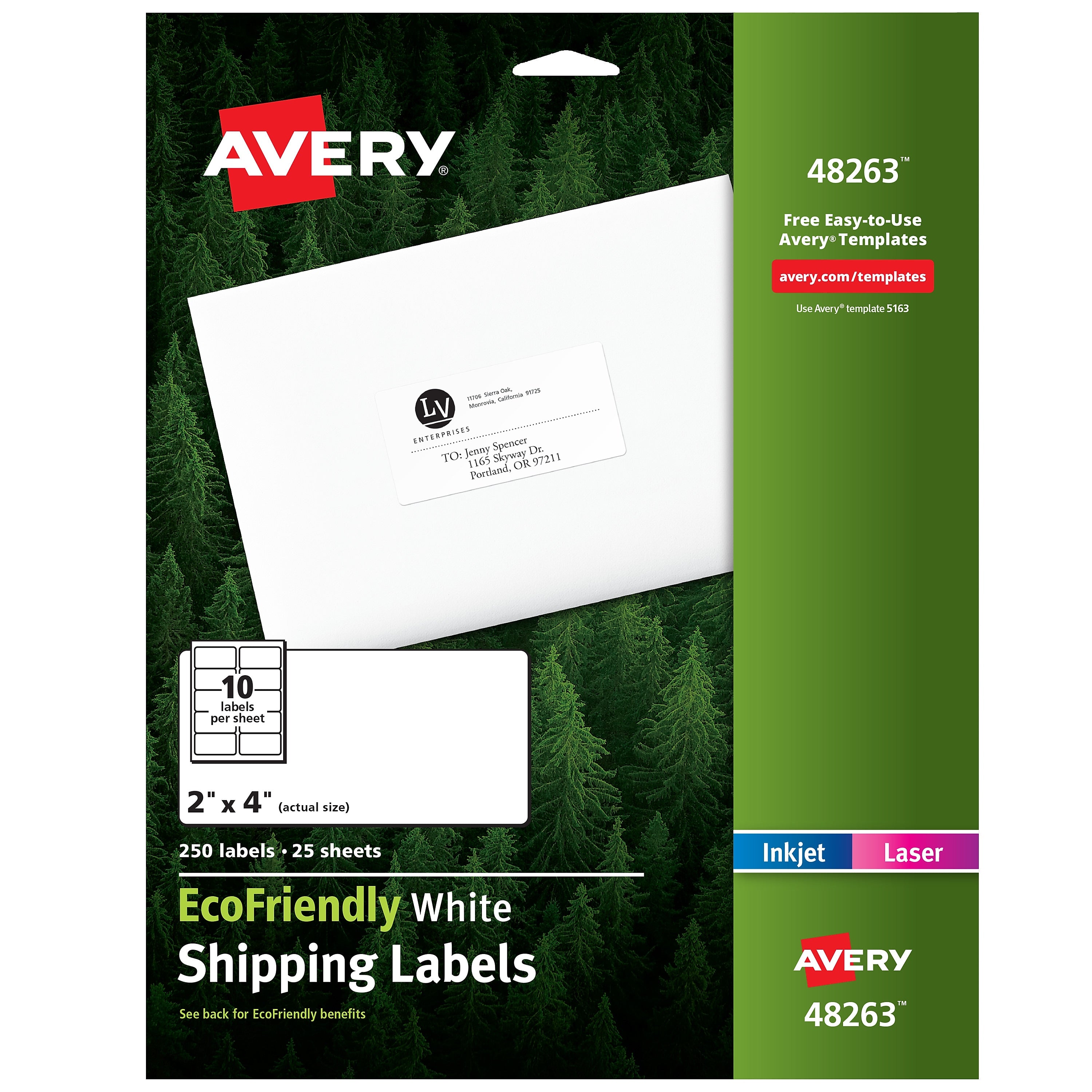 Avery EcoFriendly Laser/Inkjet Shipping Labels, 2" x 4", White, 10 Labels/Sheet, 25 Sheets/Pack, 250 Labels/Pack