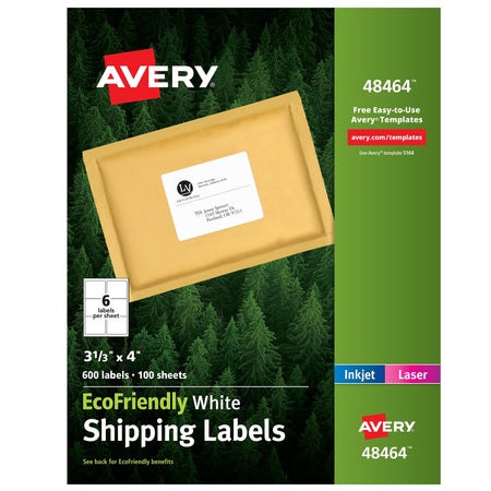 Avery EcoFriendly Laser/Inkjet Shipping Labels, 3-1/3" x 4", White, 6 Labels/Sheet, 100 Sheets/Box