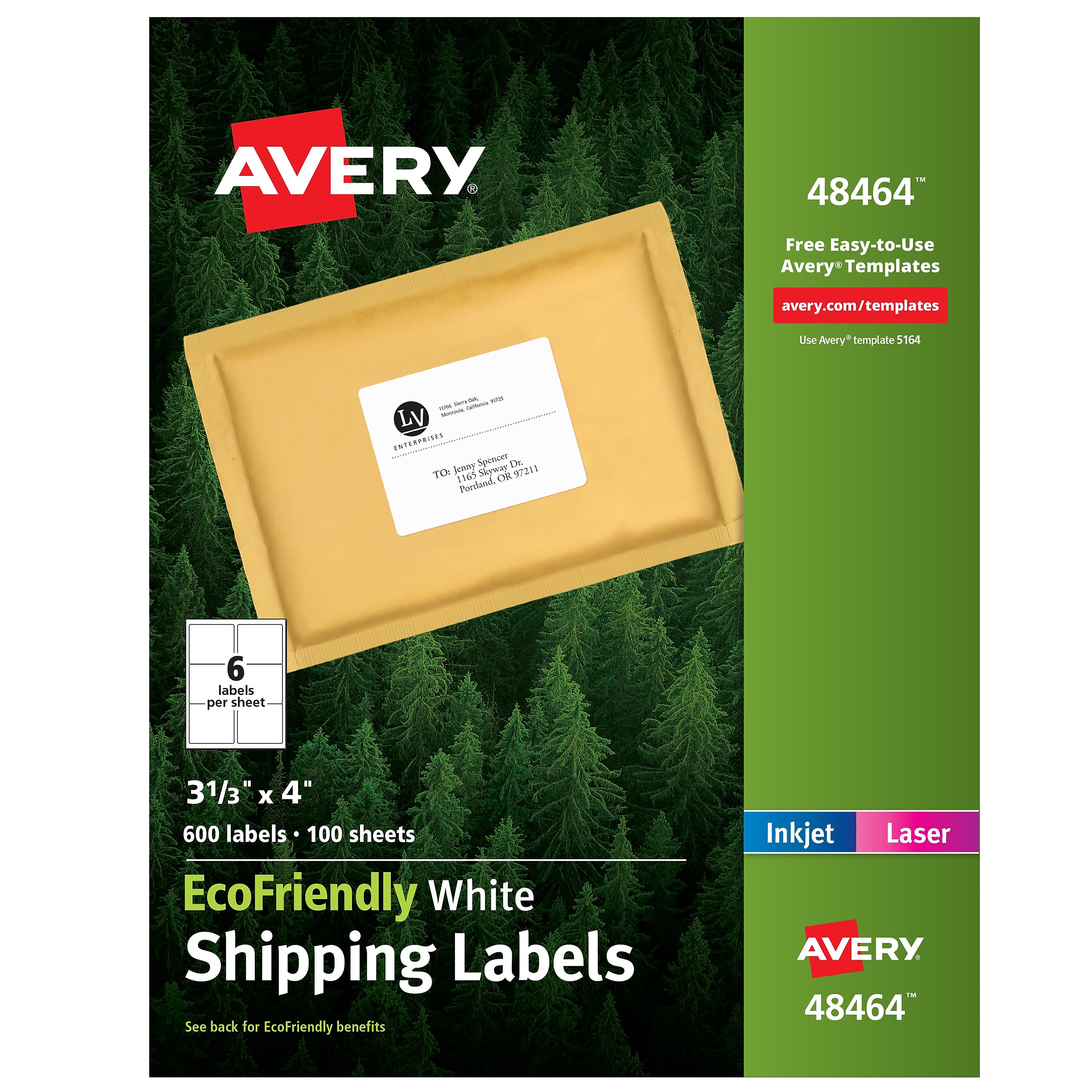 Avery EcoFriendly Laser/Inkjet Shipping Labels, 3-1/3" x 4", White, 6 Labels/Sheet, 100 Sheets/Box