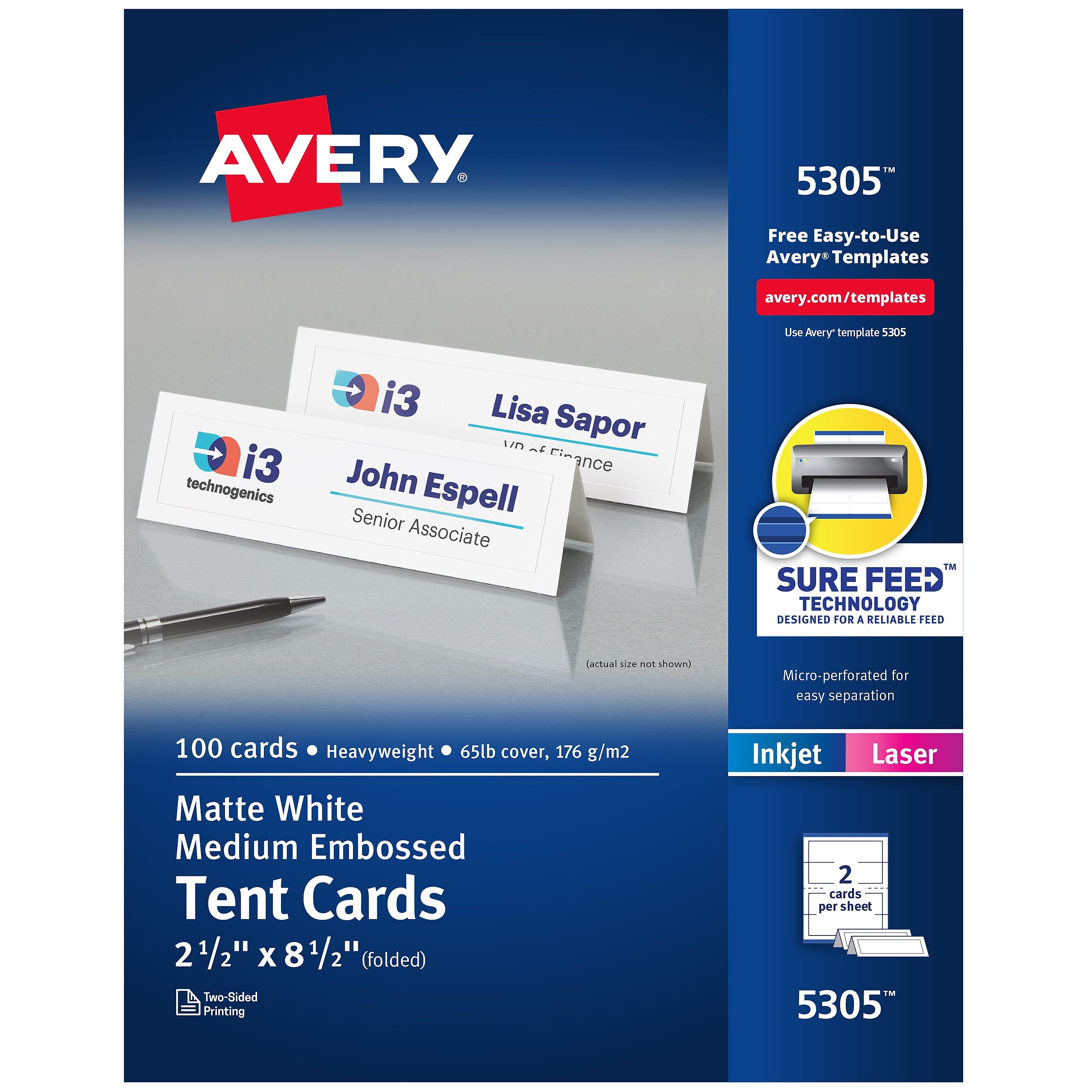 Avery Embossed Border 2.5" x 8.5" White Matte Table Tent, Inkjet/Laser, 100/Pack