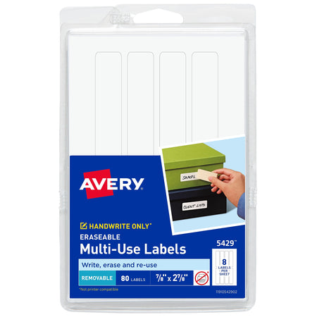 Avery Erasable Multiuse Removable Labels, 7/8" x 2-7/8", White, 8 Labels/Sheet, 10 Sheets/Pack, 80 Labels/Pack