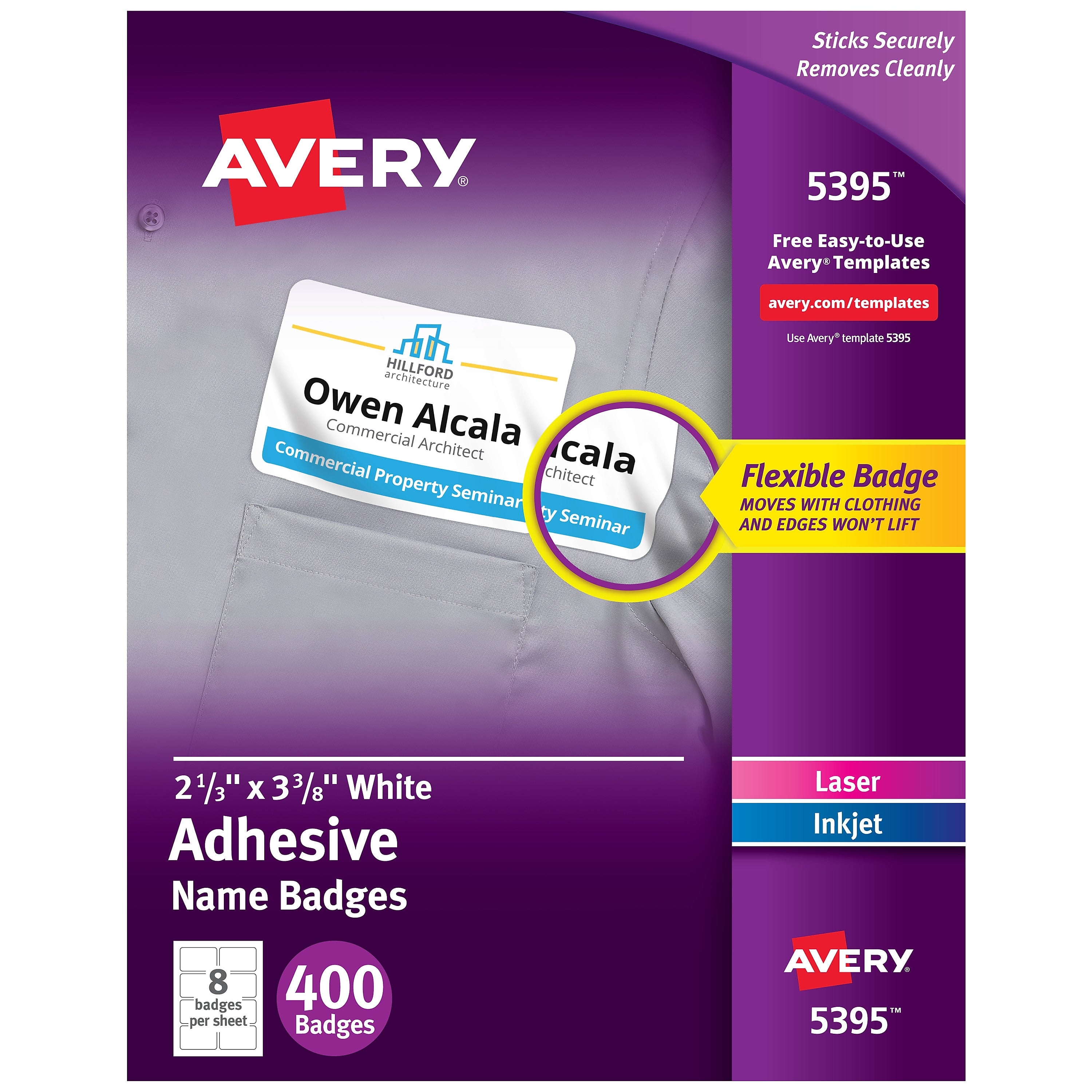 Avery Flexible Laser/Inkjet Name Badge Labels, 2 1/3" x 3 3/8", White, 400 Labels Per Pack