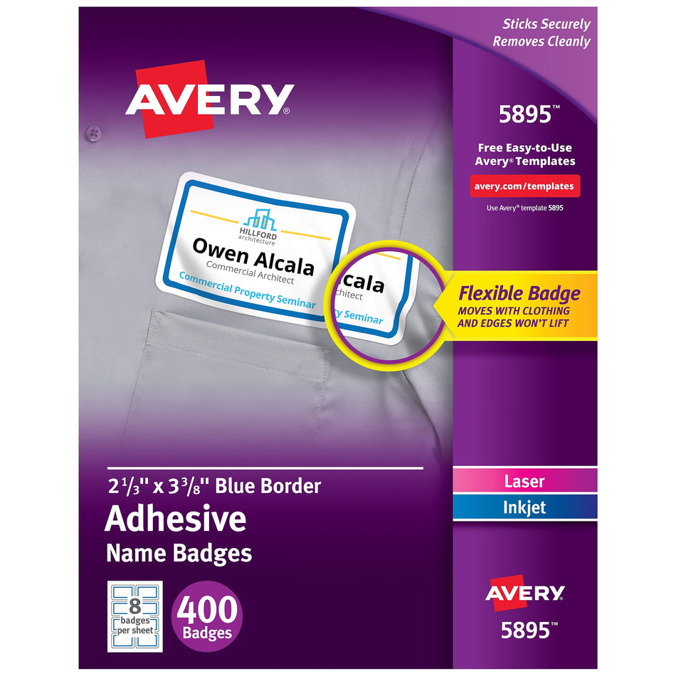 Avery Flexible Laser/Inkjet Name Badge Labels, 2 1/3" x 3 3/8", White with Blue Border, 400 Labels Per Pack