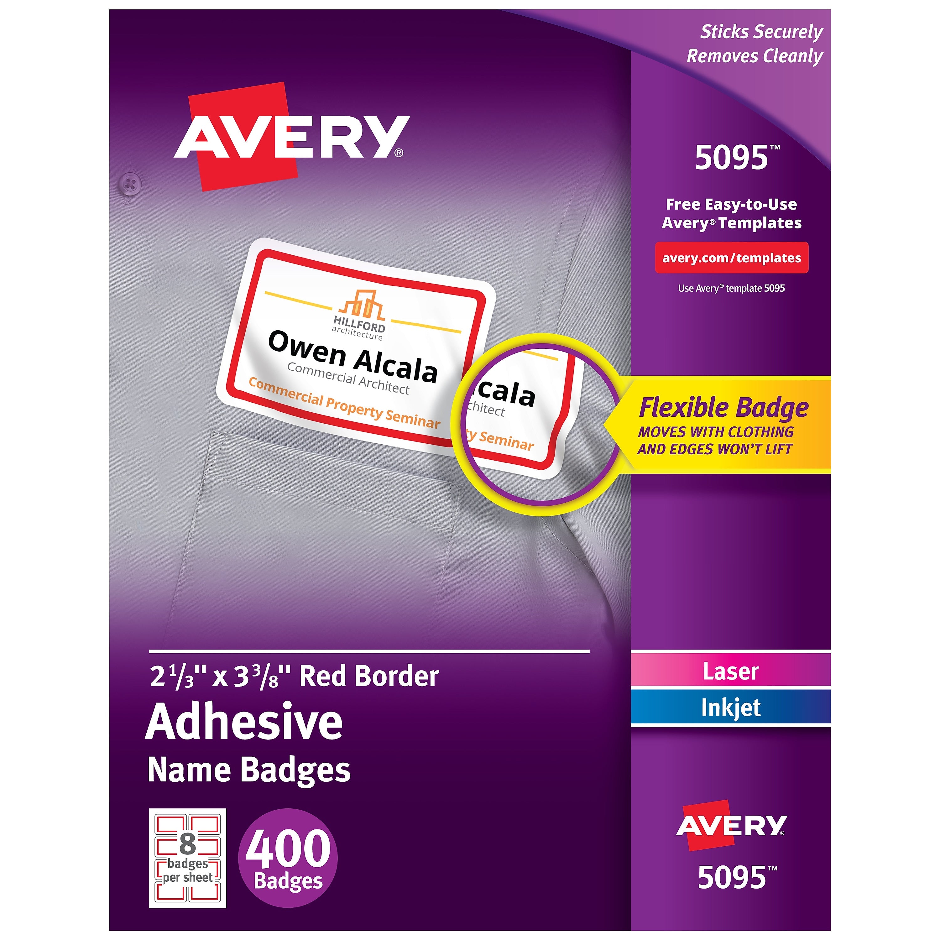 Avery Flexible Laser/Inkjet Name Badge Labels, 2 1/3" x 3 3/8", White with Red Border, 400 Labels Per Pack