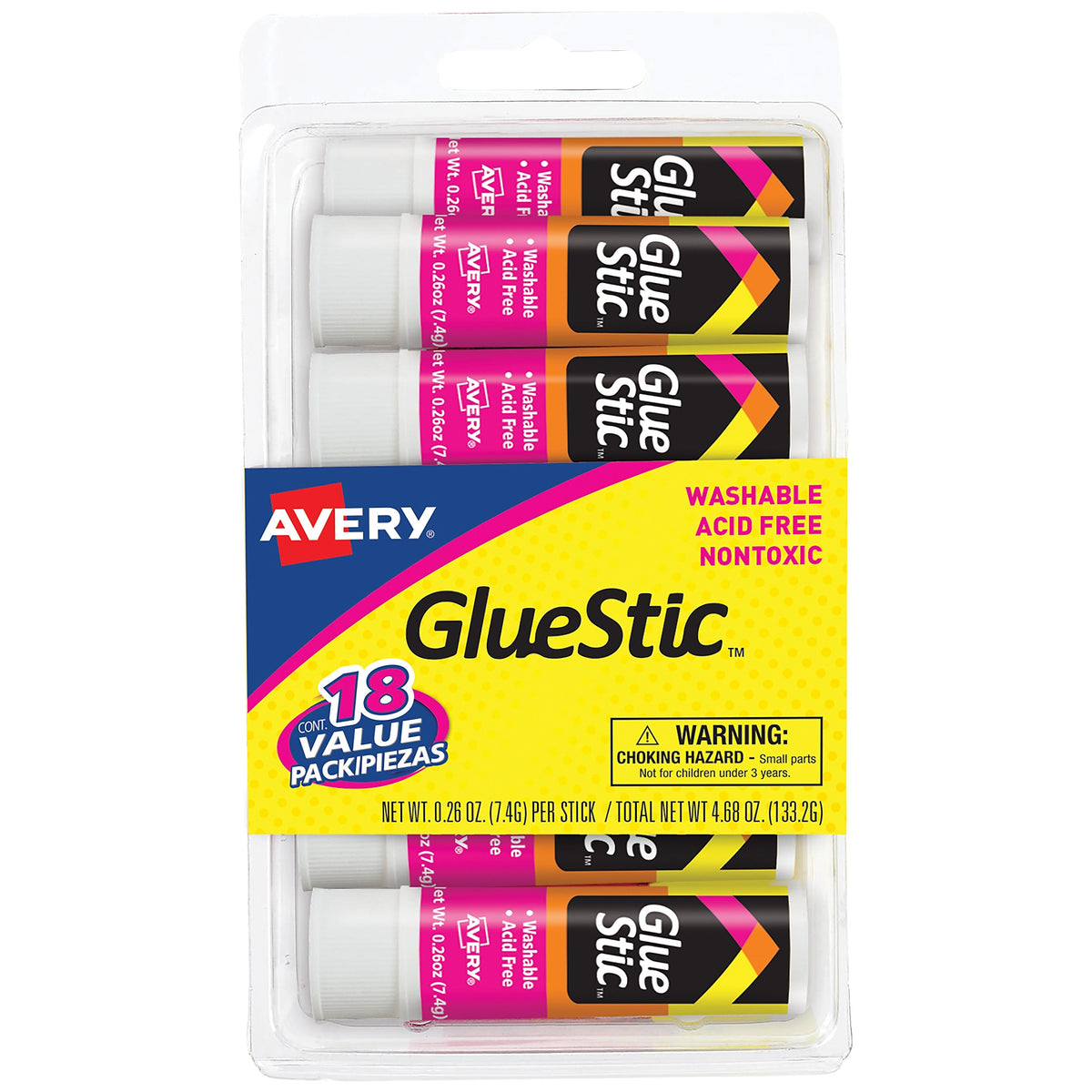 Avery Glue Stic Glue Sticks, 0.26 oz., White, 18/Pack