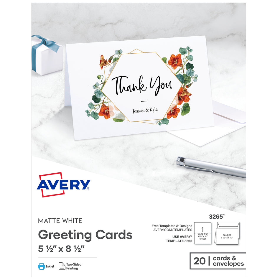 Avery Half-Fold Greeting Cards with Envelopes, 5.5" x 8.5", Matte White, Inkjet, 20/Pack