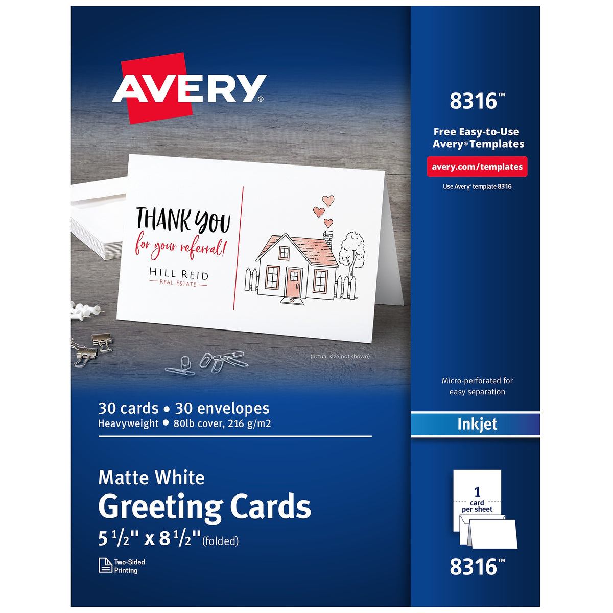 Avery Half-Fold Greeting Cards with Envelopes, 5.5" x 8.5", Matte White, Inkjet, 30/Pack