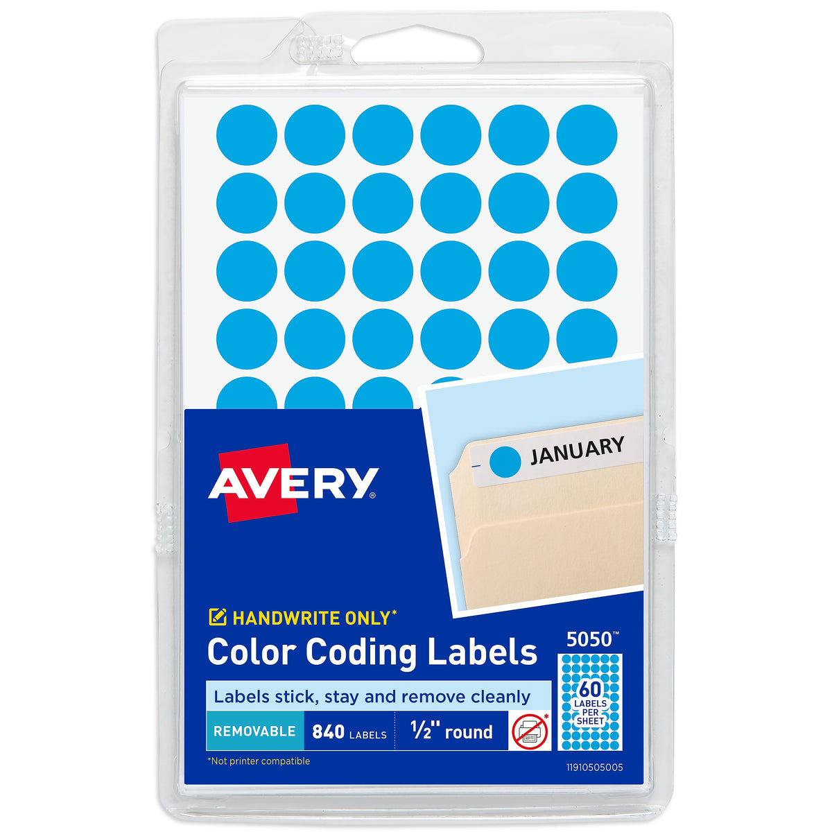 Avery Hand Written Color Coding Labels, 0.5"Dia., Light Blue, 60/Sheet, 14 Sheets/Pack