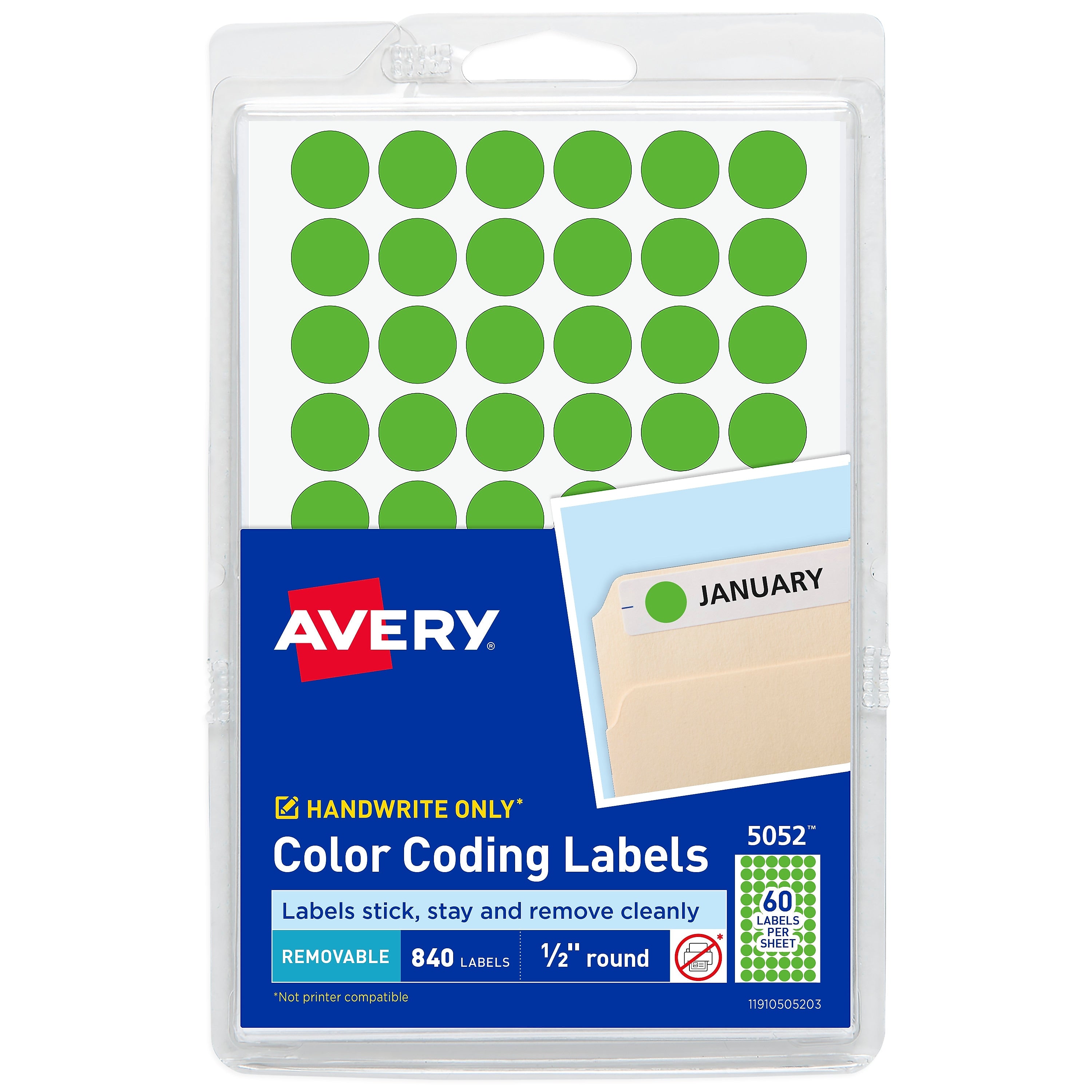 Avery Hand Written Color Coding Labels, 1/2" Dia., Neon Green, 60/Sheet, 14 Sheets/Pack