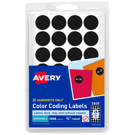 Avery Hand Written Color Coding Labels, 3/4" Dia., Black, 28/Sheet, 36 Sheets/Pack