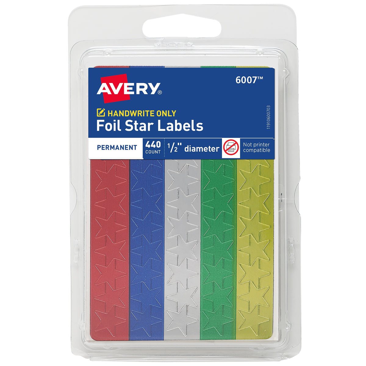 Avery Hand Written Identification & Color Coding Labels, 0.5"Dia., Blue/Gold/Green/Red/Silver, 440/Pack