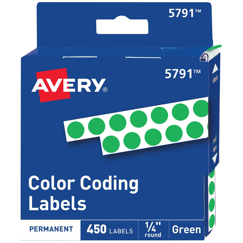 Avery Hand Written Identification & Color Coding Labels, 1/4" Dia., Green, 450/Pack