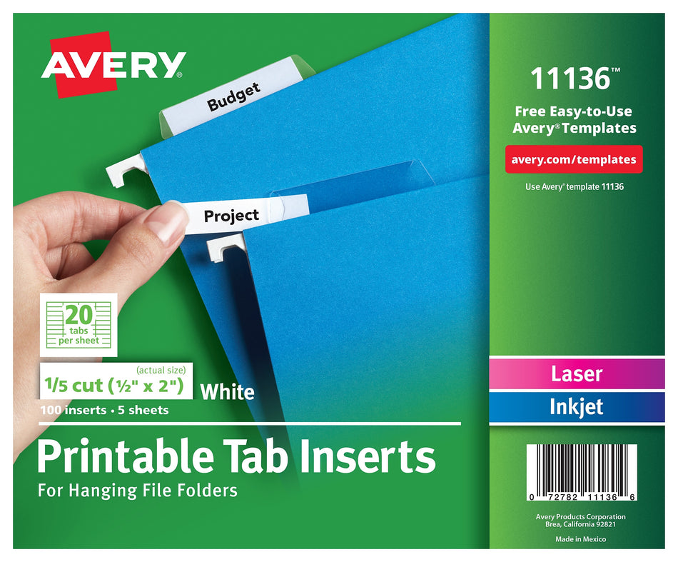 Avery Hanging File Folder Tab Inserts, 5-Tab, White, 100/Pack