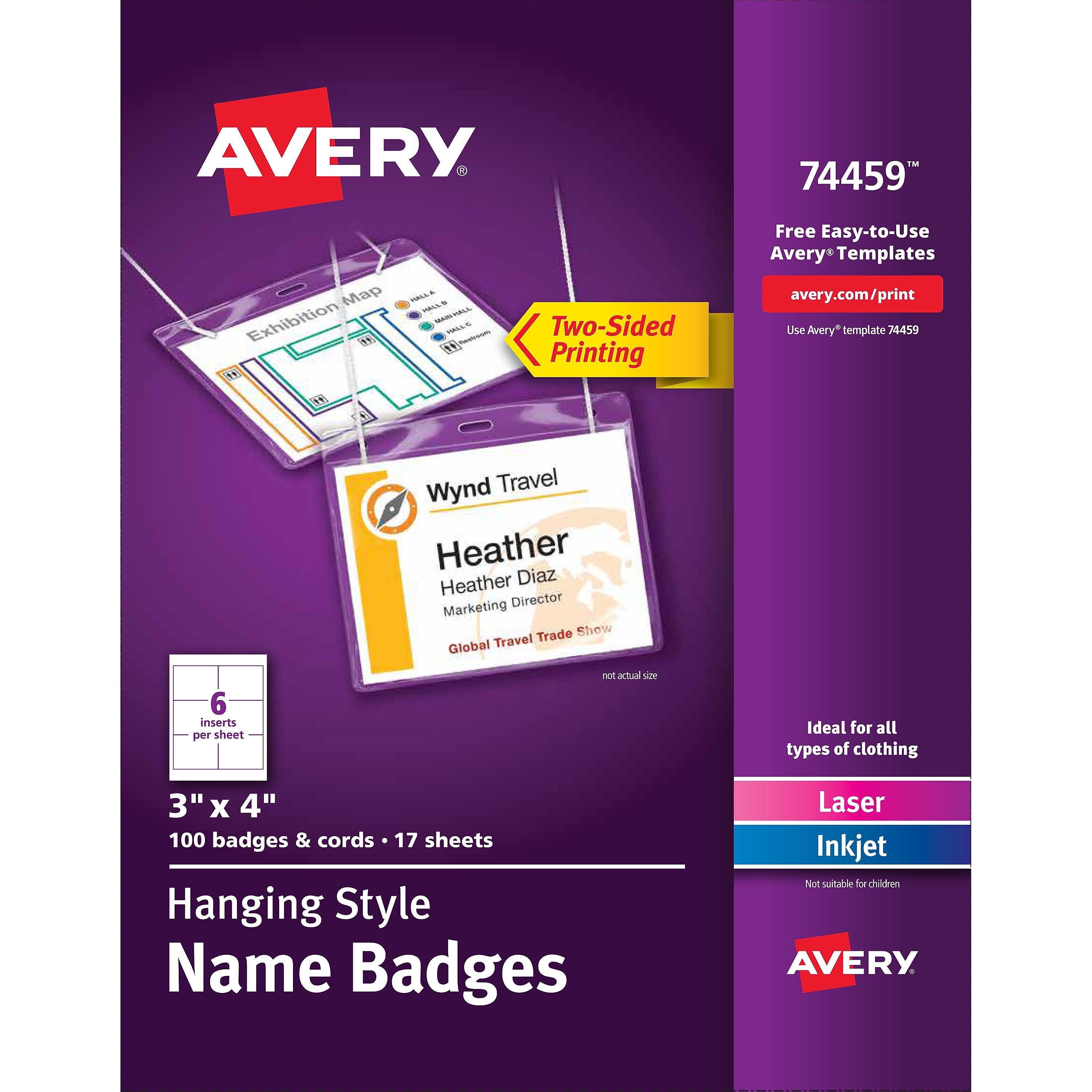 Avery Hanging Style Laser/Inkjet Name Badge Kit, 3" x 4", Clear Holders with White Inserts, 100/Box