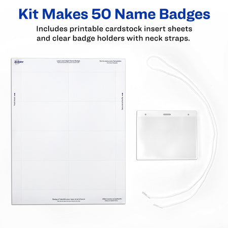 Avery Hanging Style Laser/Inkjet Name Badge Kit, 3" x 4", Clear Holders with White Inserts, 100/Box