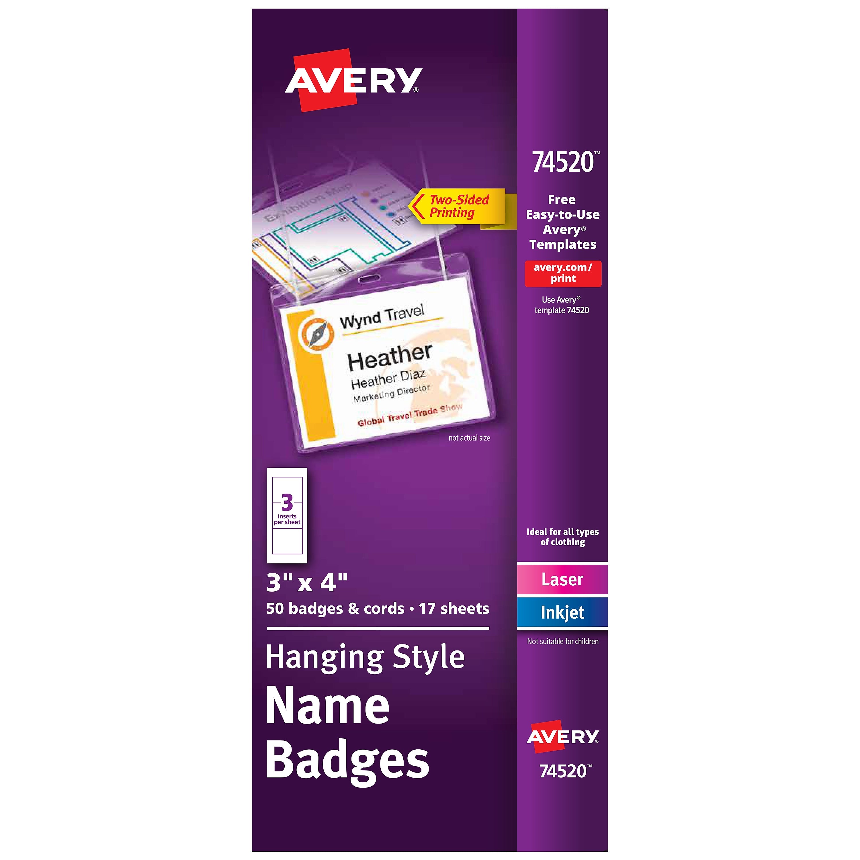 Avery Hanging Style Laser/Inkjet Name Badge Kit, 3" x 4", Clear Holders with White Inserts, 50 Badges Per Box