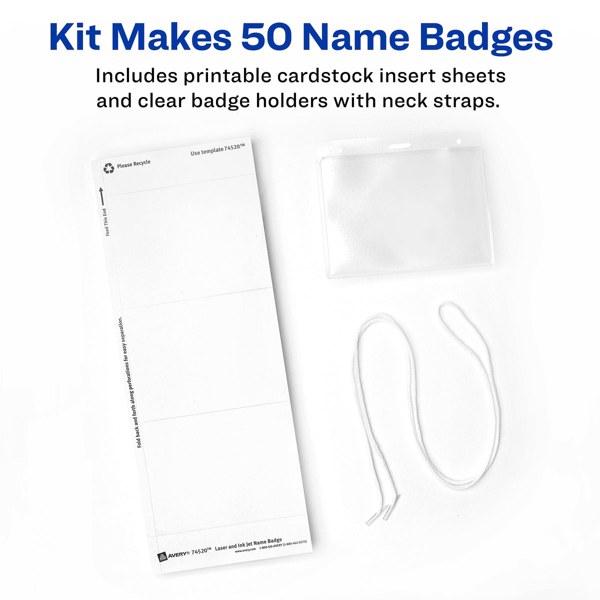 Avery Hanging Style Laser/Inkjet Name Badge Kit, 3" x 4", Clear Holders with White Inserts, 50 Badges Per Box