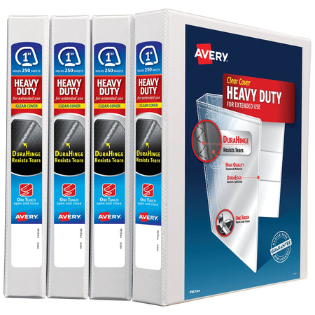 Avery Heavy Duty 1" 3-Ring View Binders, Slant Ring, White, 4/Pack