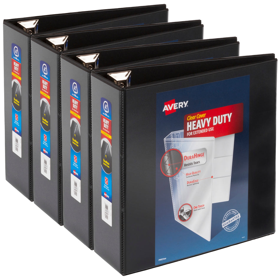 Avery Heavy Duty 4" 3-Ring View Binders, One Touch EZD Ring, Black 4/Pack