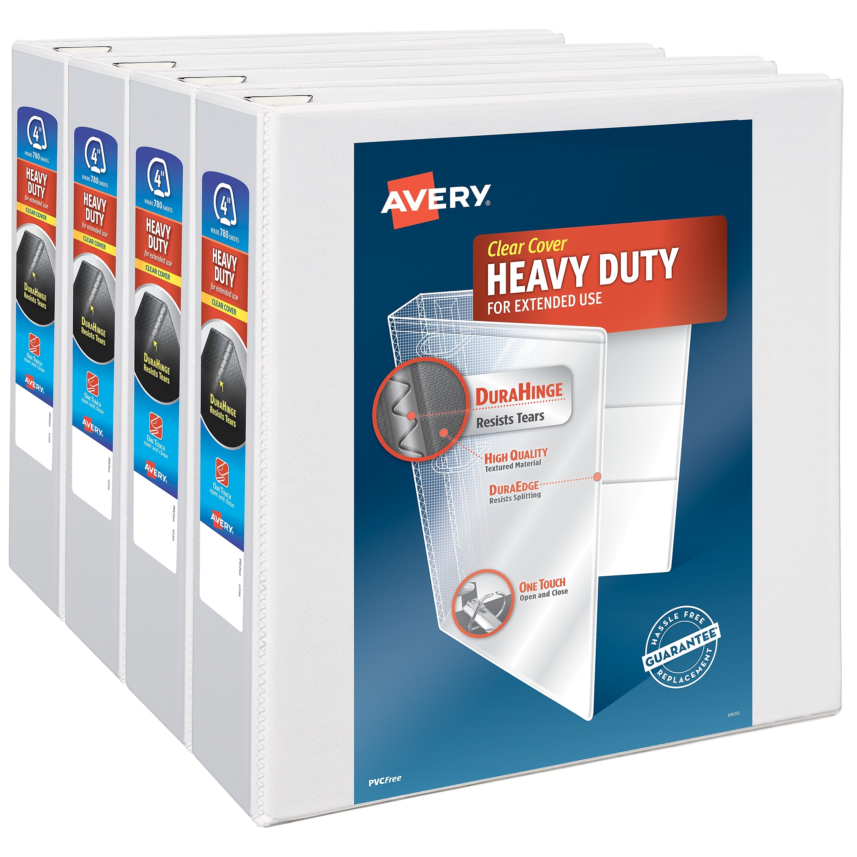 Avery Heavy Duty 4" 3-Ring View Binders, One Touch EZD Ring, White 4/Pack