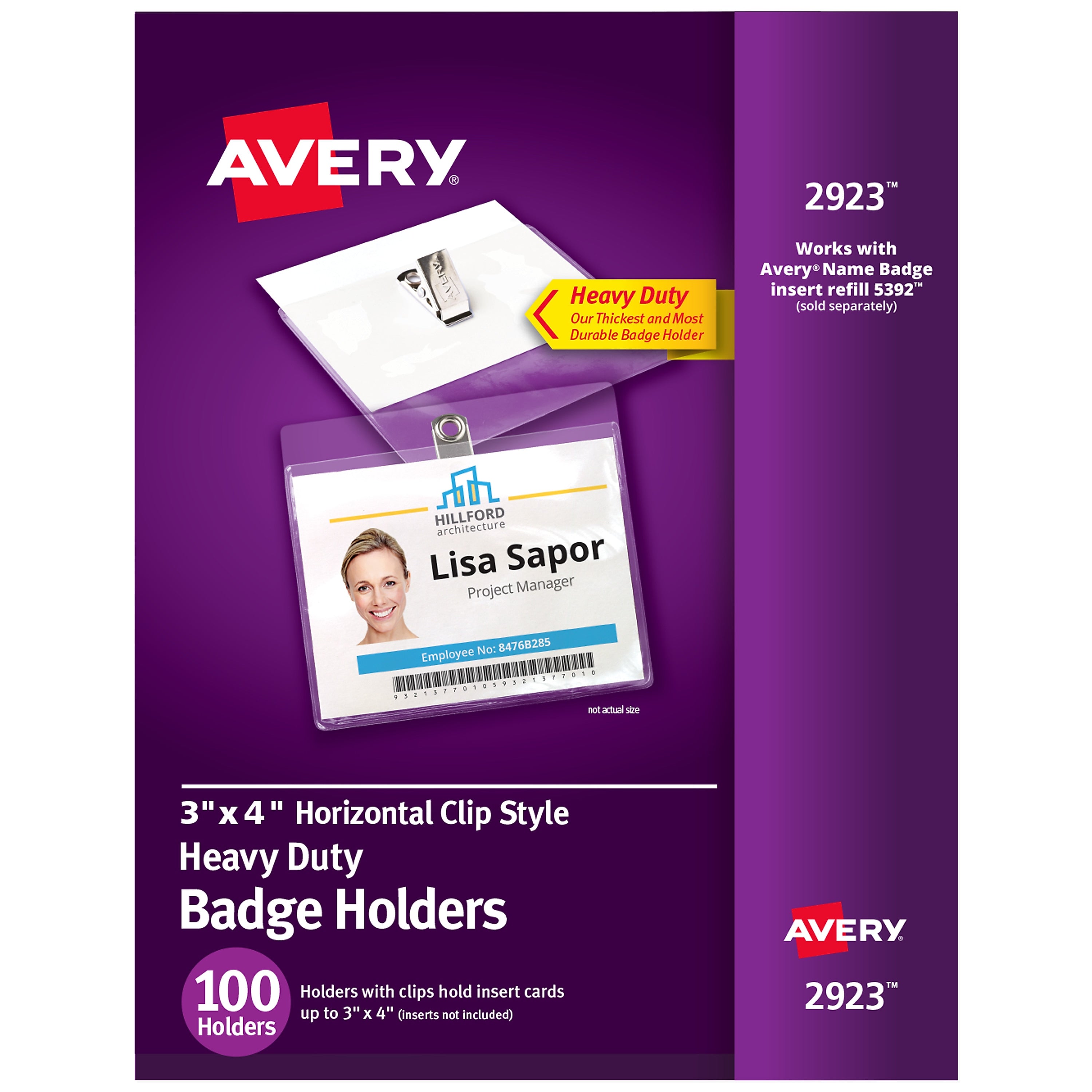 Avery Heavy Duty Clip Style Name Badge Holders, 3" x 4", Clear Landscape Holders, 100/Box