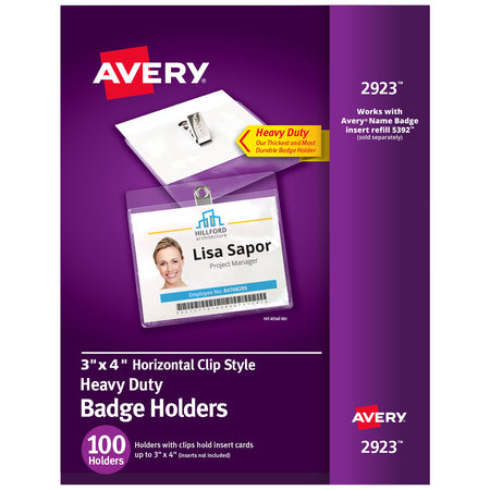 Avery Heavy Duty Clip Style Name Badge Holders, 3" x 4", Clear Landscape Holders, 100/Box