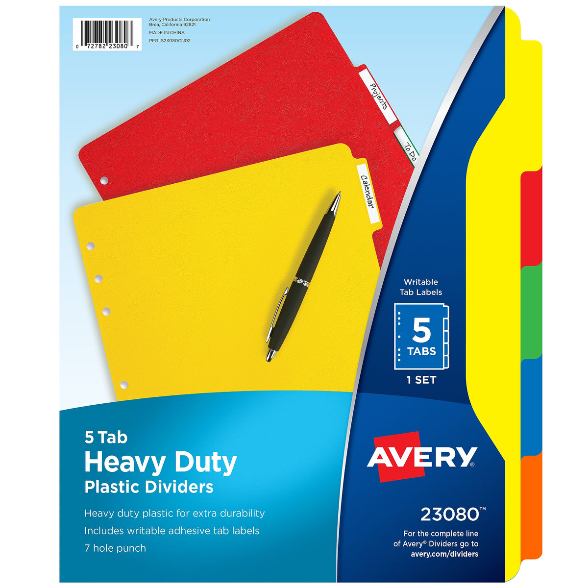 Avery Heavy-Duty Plastic Dividers with White Tab Labels, 5 Tabs, Multicolor