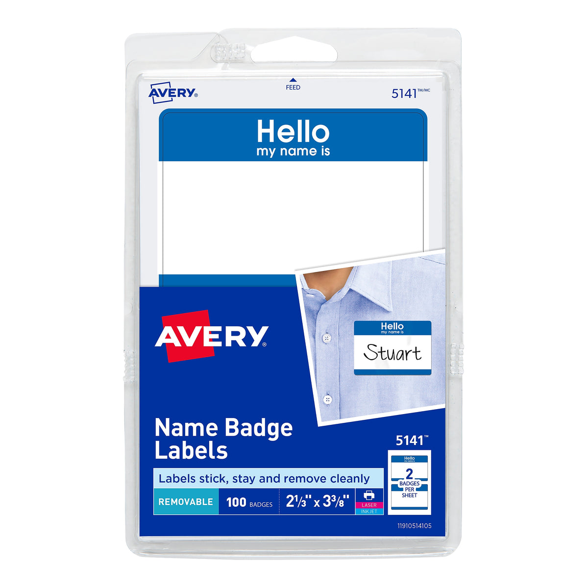 Avery "Hello My Name Is" Name Badge Labels, 2 1/3" x 3 3/8", White w/ Blue Hello, 100 Labels Per Pack