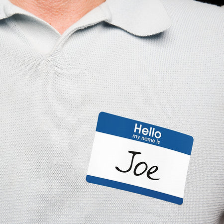 Avery "Hello My Name Is" Name Badge Labels, 2 1/3" x 3 3/8", White w/ Blue Hello, 100 Labels Per Pack