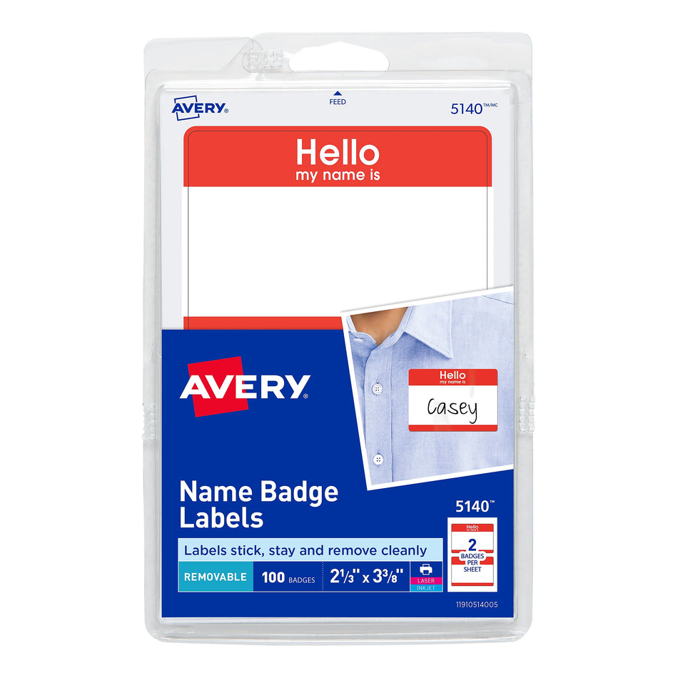 Avery "Hello My Name Is" Name Badge Labels, 2 1/3" x 3 3/8", White with Red Hello, 100 Labels Per Pack