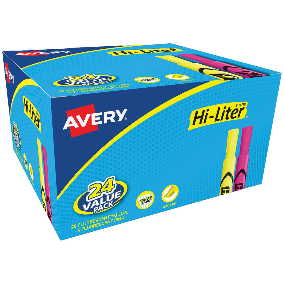 Avery Hi-Liter Desk Style Highlighters, Chisel Tip, Assorted, 24/Pack