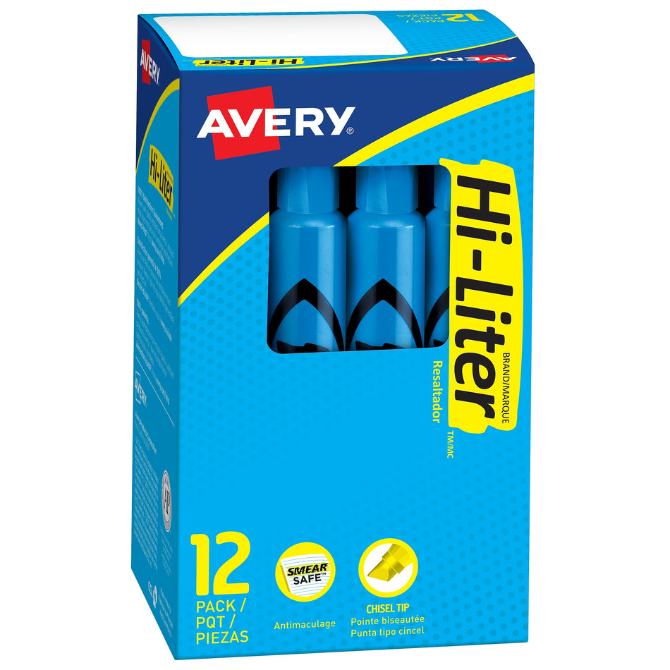 Avery Hi-Liter Desk Style Highlighters, Chisel Tip, Blue, Dozen