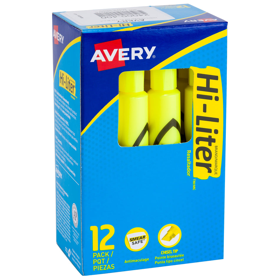 Avery Hi-Liter Desk Style Highlighters, Chisel Tip, Yellow, Dozen