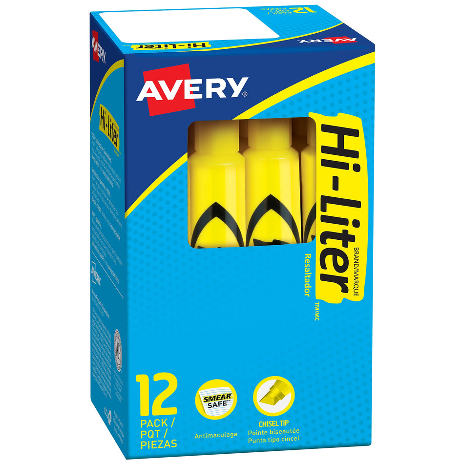 Avery Hi-Liter Desk Style Highlighters, Chisel Tip, Yellow, Dozen