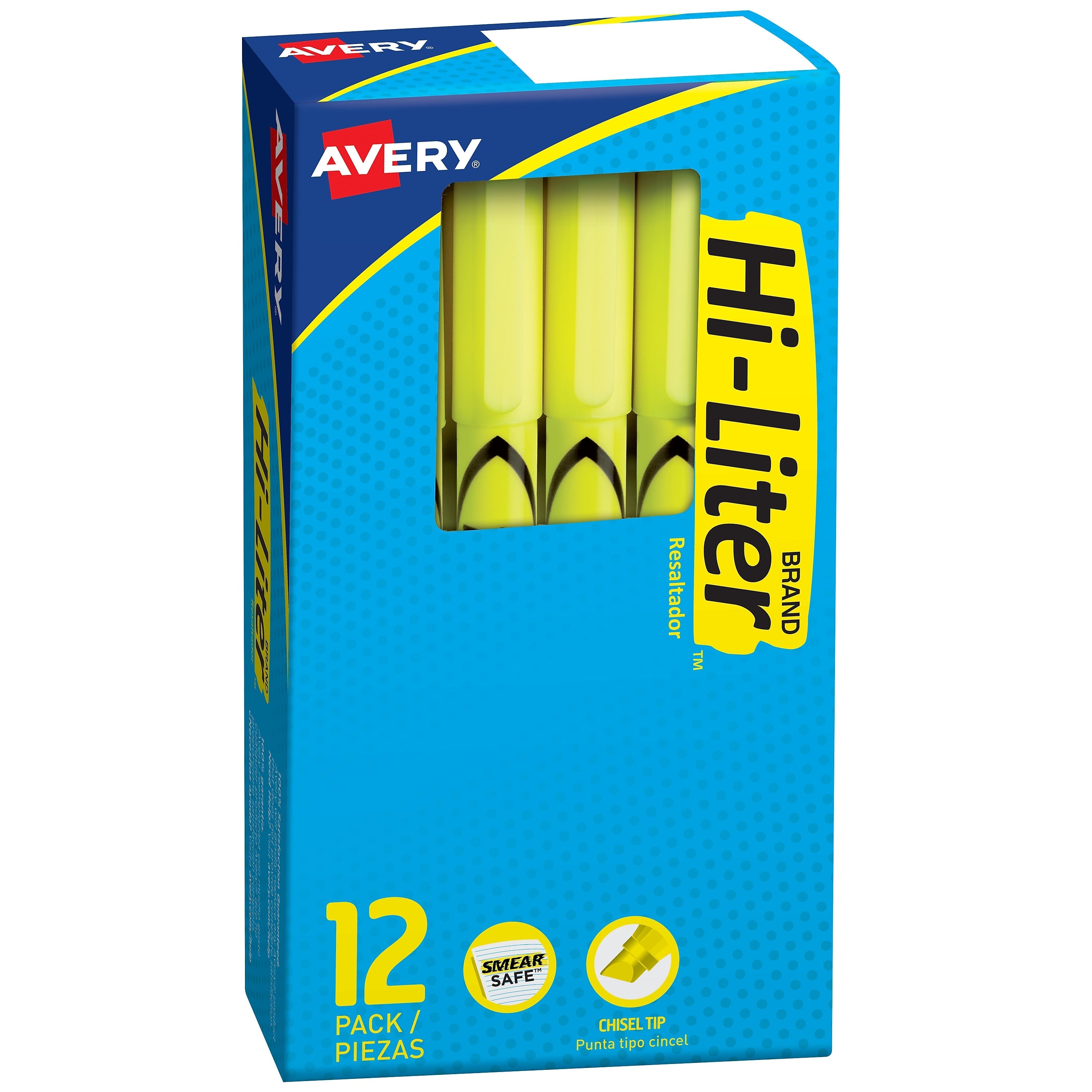 Avery Hi-Liter Pen-Style Stick Highlighters, Chisel Tip, Yellow, Dozen