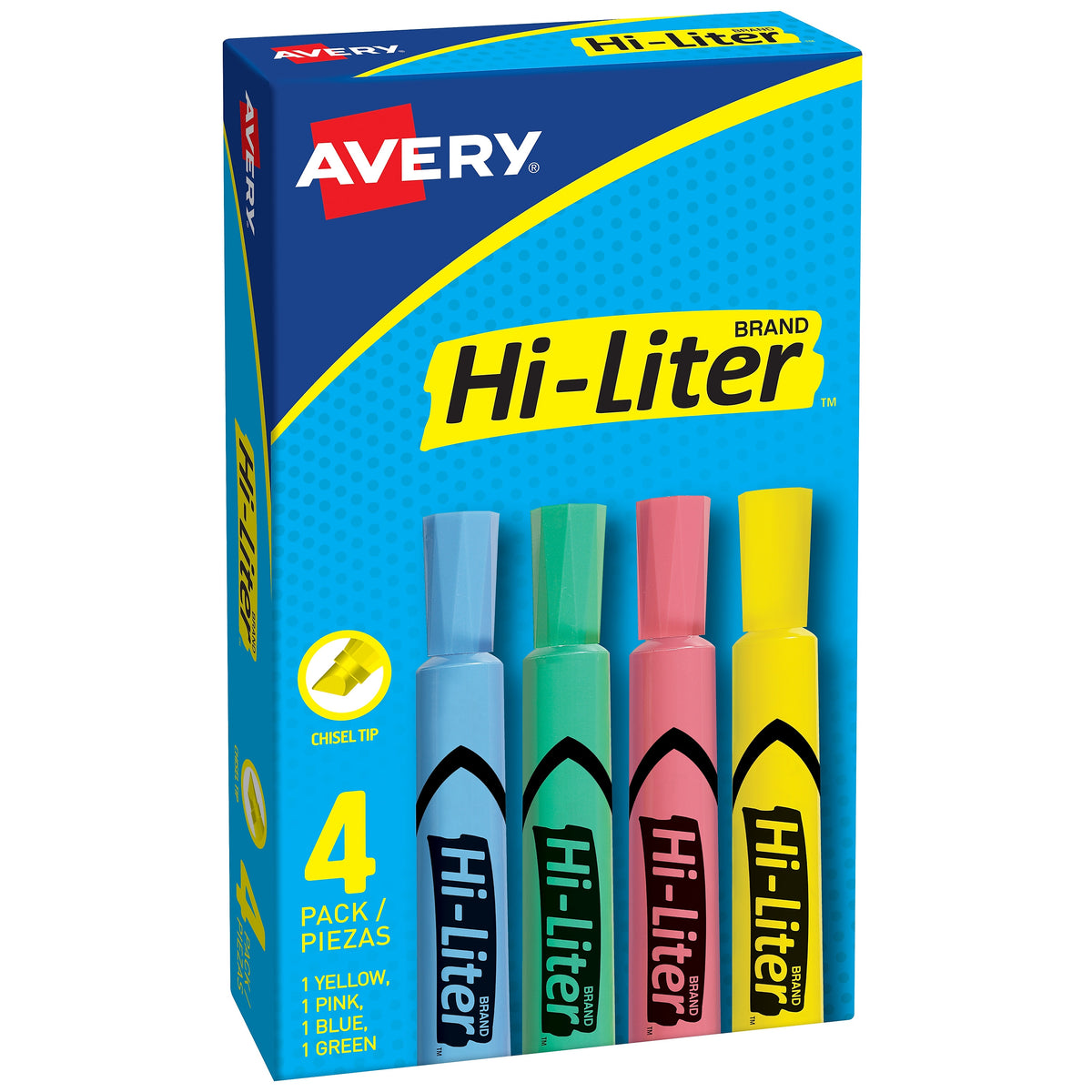 Avery Hi-Liter Tank Highlighter, Chisel Tip, Assorted, 4/Pack