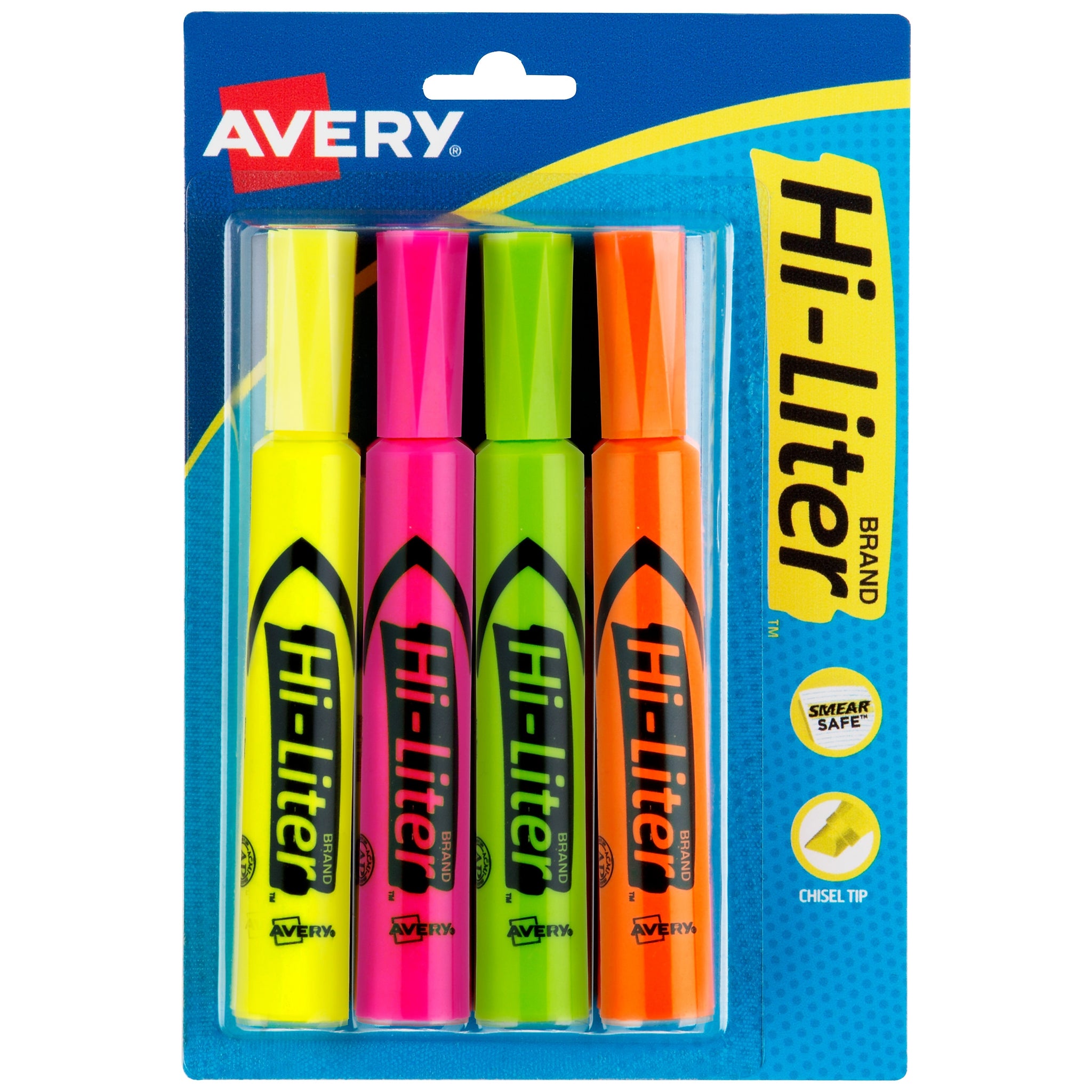Avery Hi-Liter Tank Highlighters, Chisel, Assorted, 4/Pack