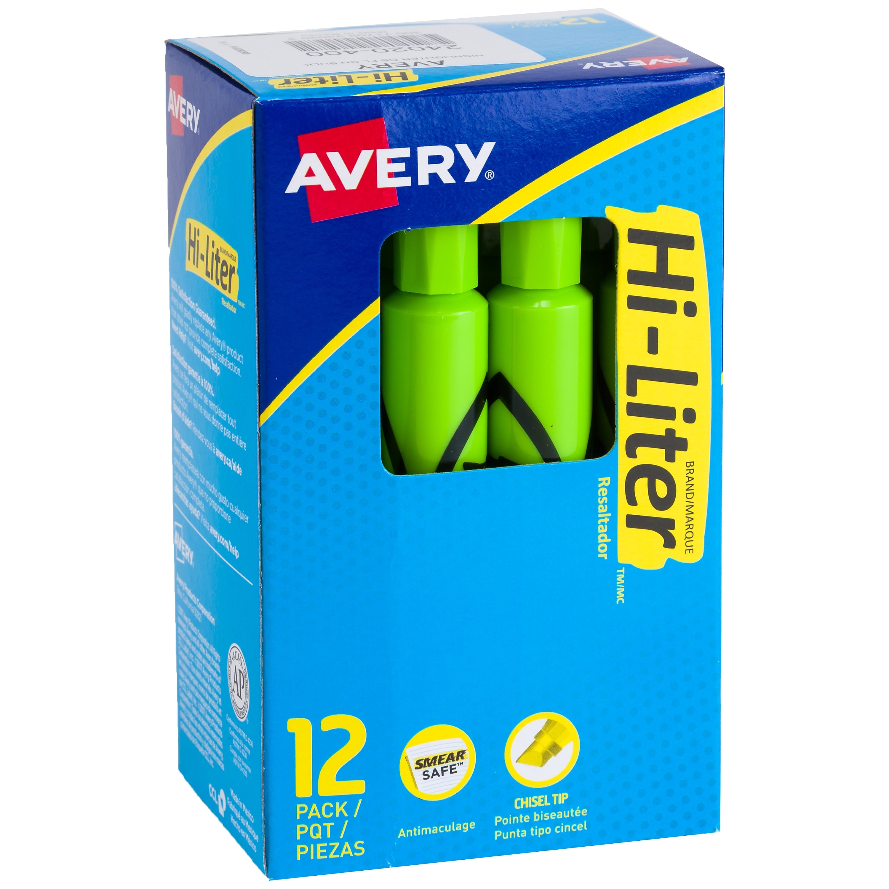 Avery Hi-Liter Tank Highlighters, Chisel, Green, Dozen