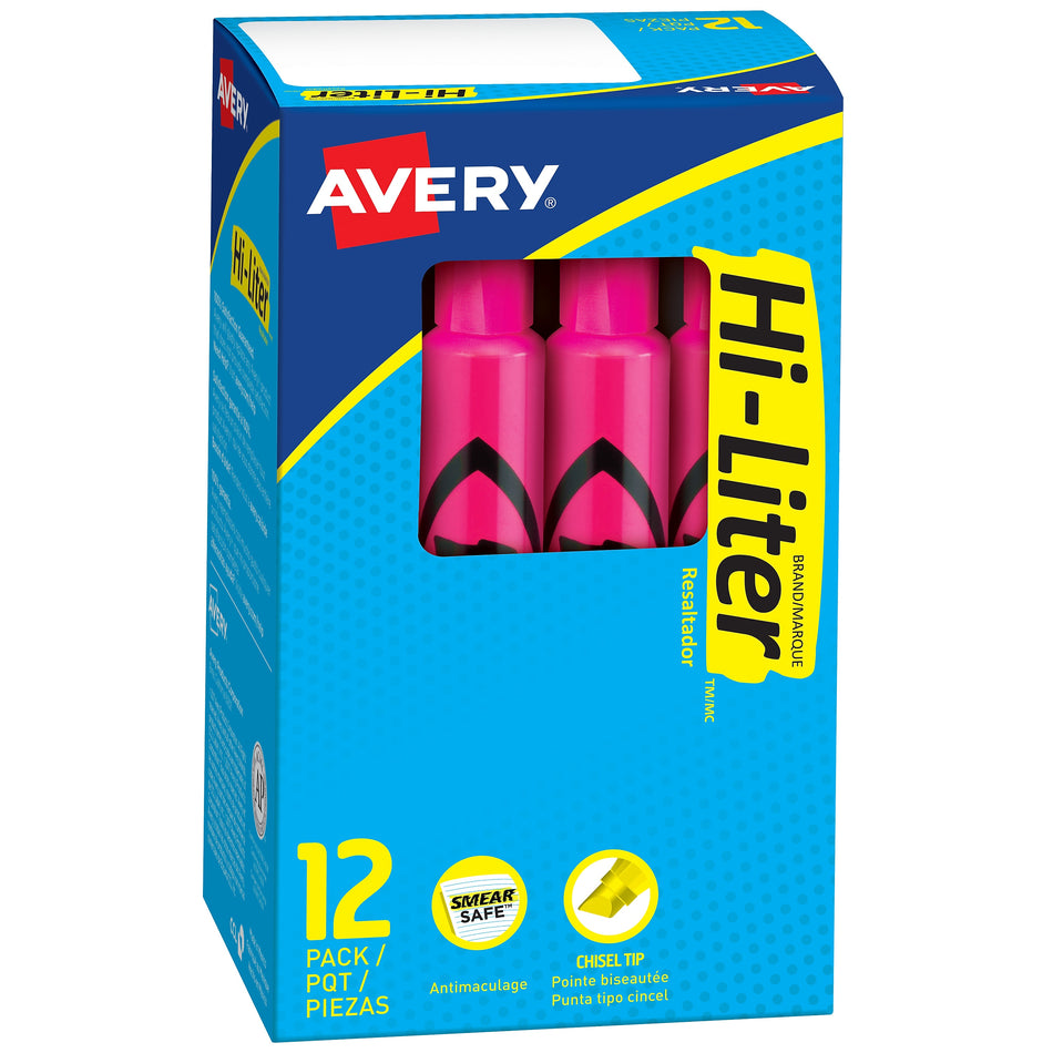 Avery Hi-Liter Tank Highlighters, Chisel, Pink, Dozen