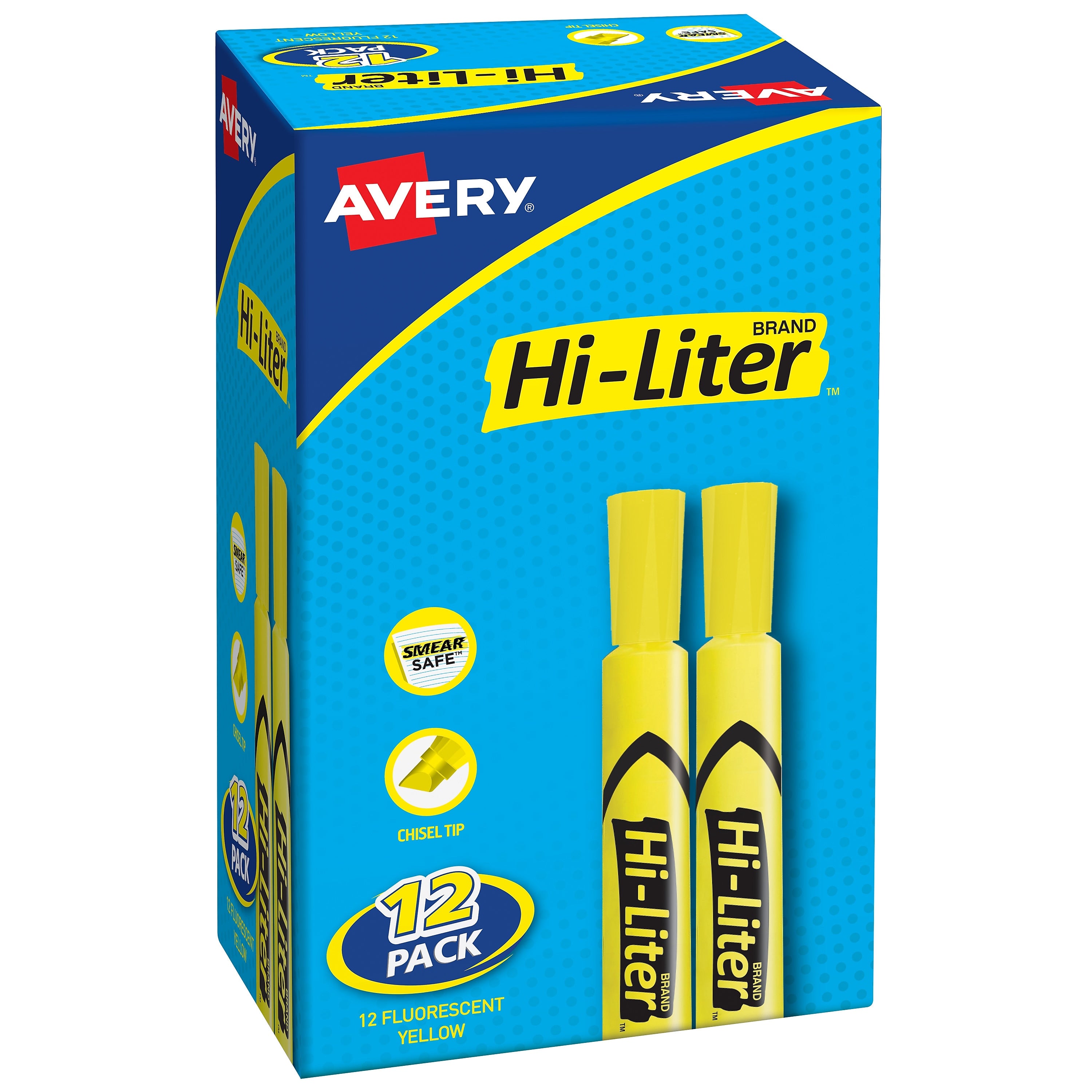 Avery Hi-Liter Tank Highlighters, Chisel, Yellow, Dozen