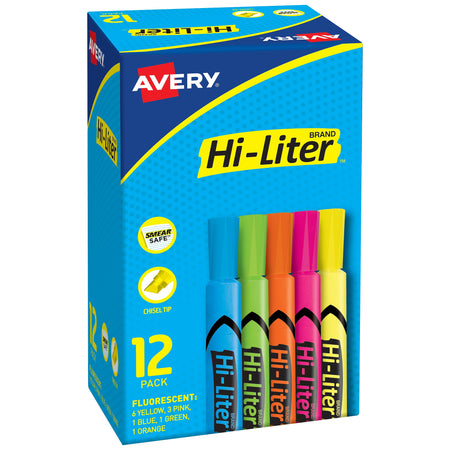 Avery HI-LITER The Original Tank Highlighters, Chisel, Assorted Fluorescent, 12/Set