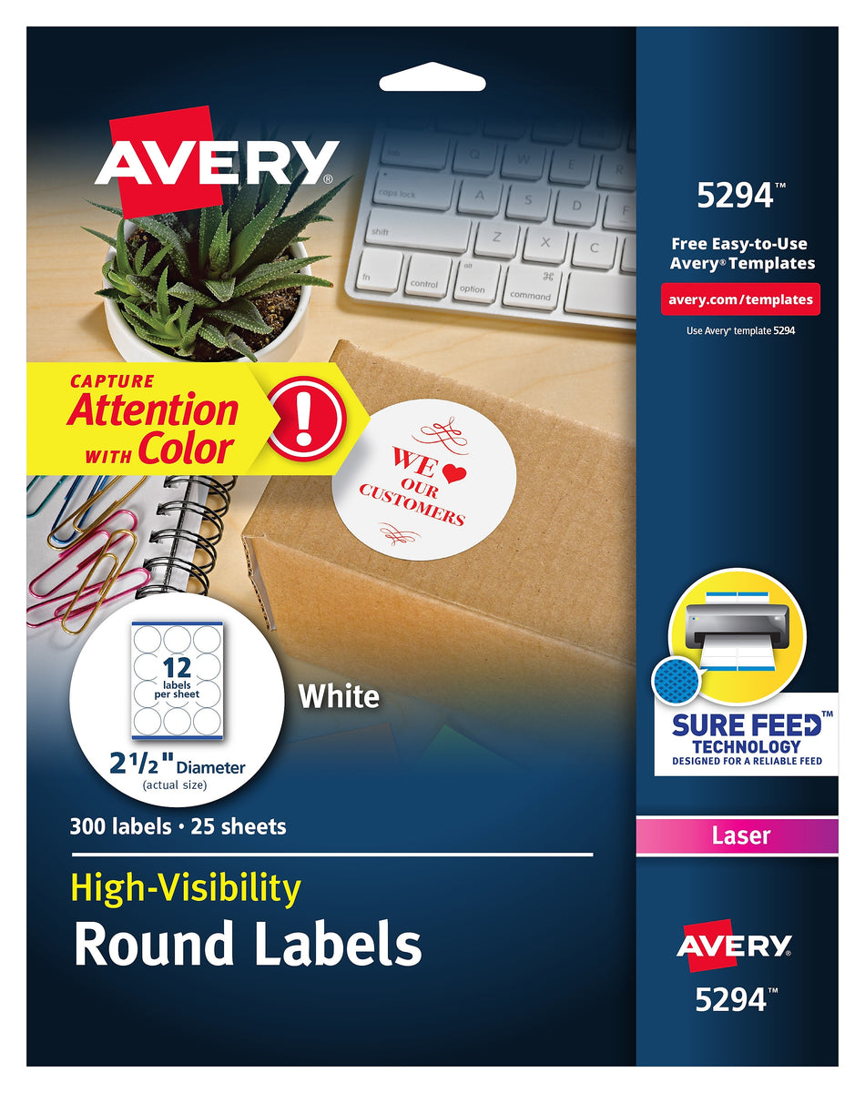 Avery High Visibility Laser Shipping Labels, 2.5"Dia., White, 300/Pack